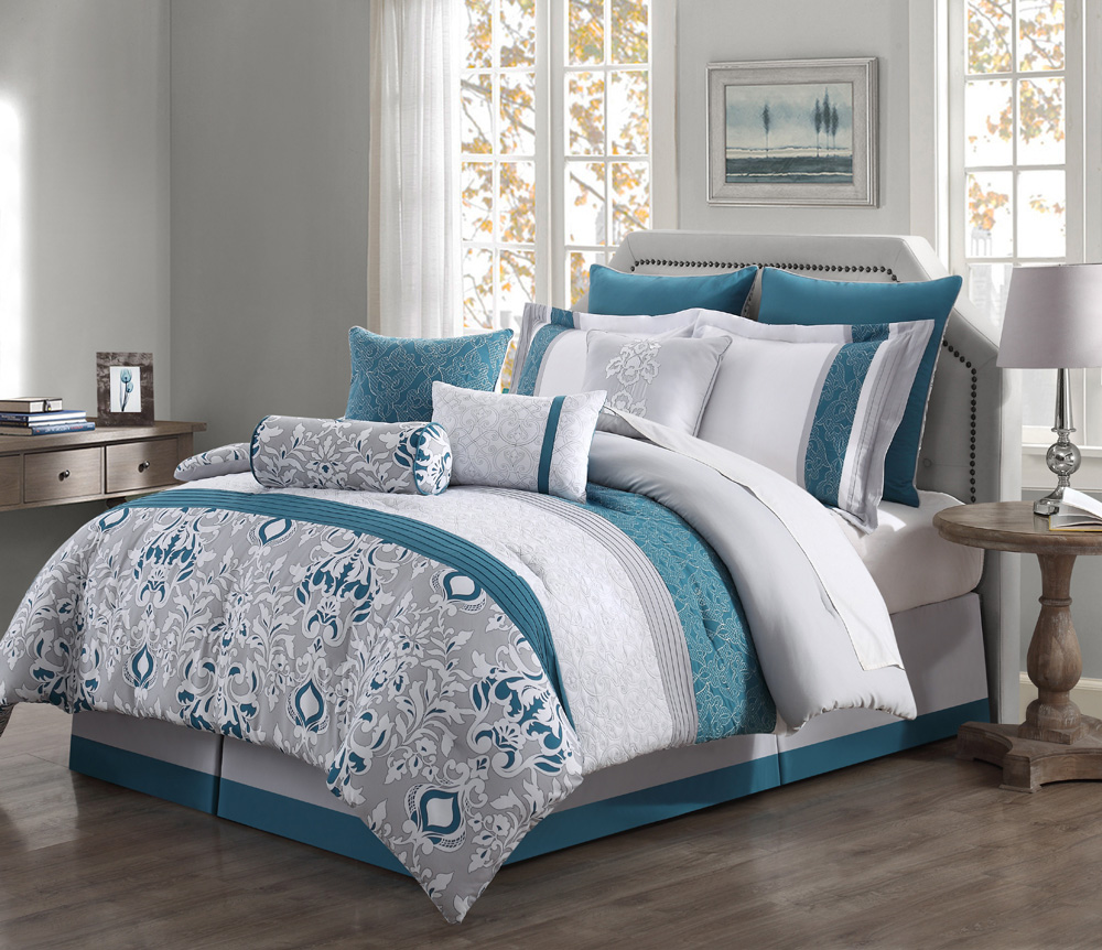 10 Piece Chloe Teal/Gray/Ivory Reversible Comforter Set
