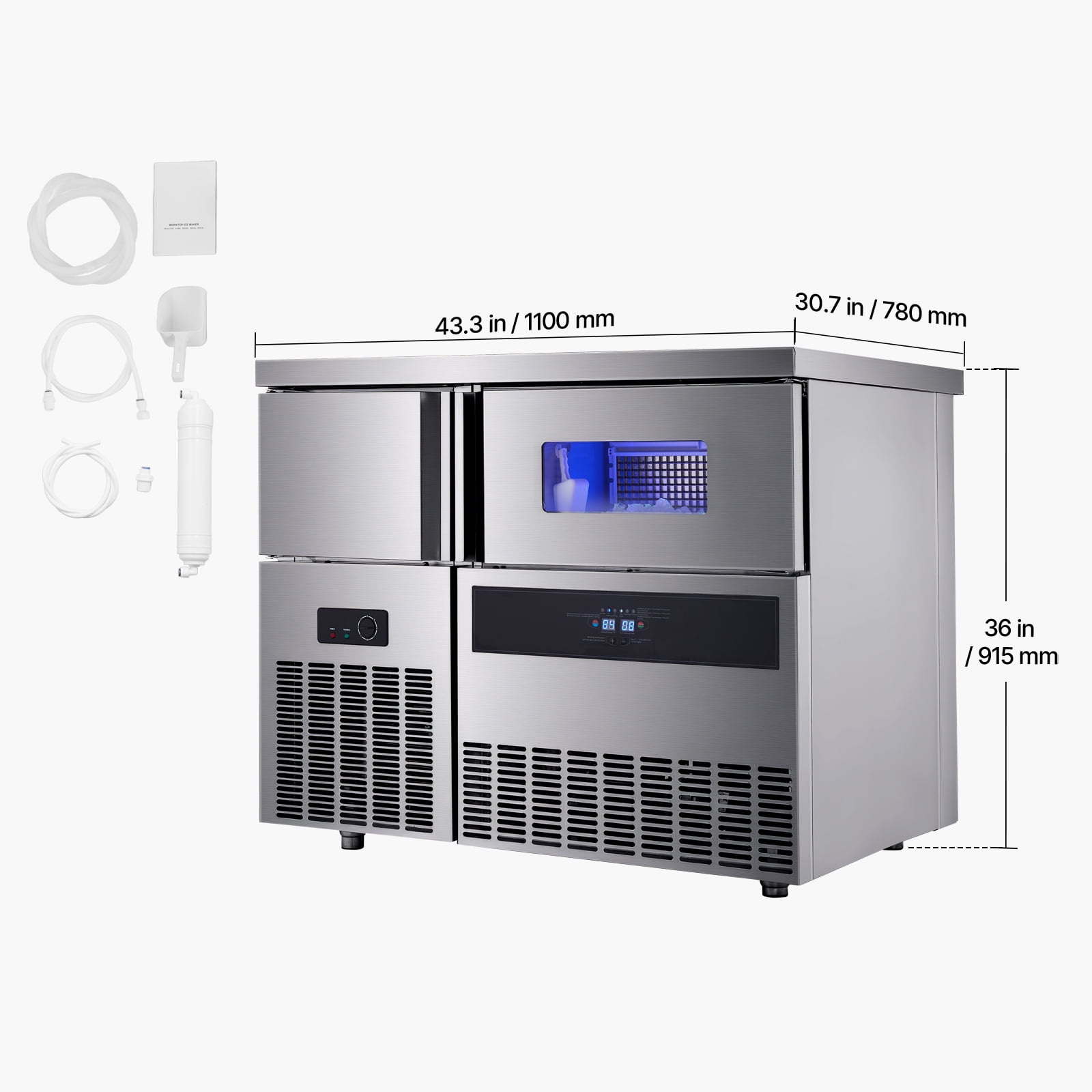 KFFKFF Commercial Ice Maker Machine, 330 lbs/24H Stainless Steel Ice Machine with Countertop, 88 lbs Storage & 144 Cubes per Cycle, Self-Cleaning Freestanding Ice Maker for Home, Bar, Office