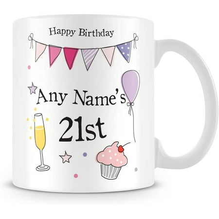 

21st Birthday Gift for Women - Personalised Mug/Cup - Add Name - Party Design - Pink