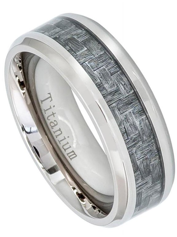 8mm High Polish Titanium Ring - Charcoal Gray Carbon Fiber Inlay Beveled Edge Wedding Band Ring For Men Or Ladies