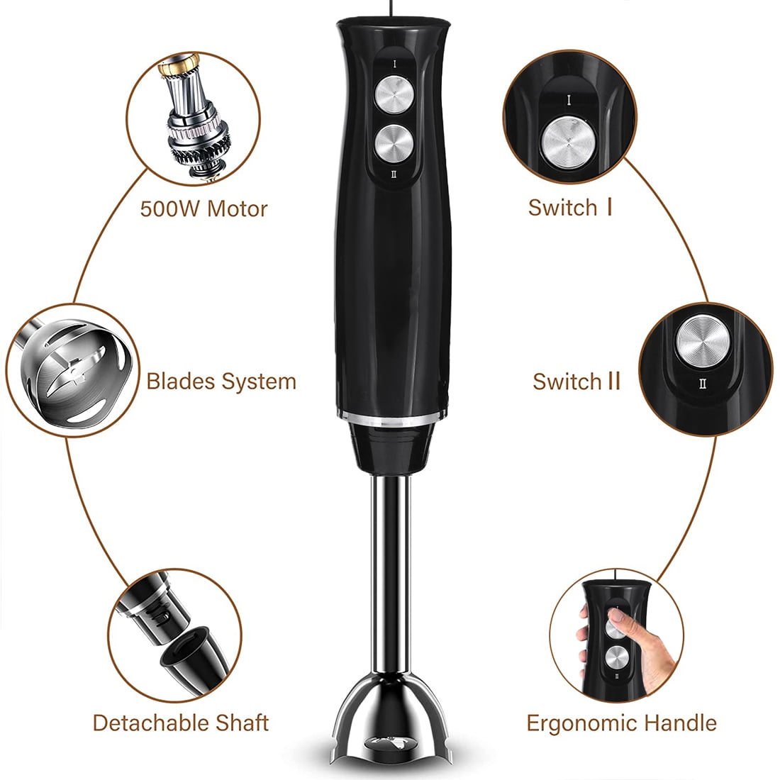 DEISNGB Immersion Blender, 500 Watt Immersion Hand Blender, 5-in-1 Stick Blender with Chopper, Blender for Kitchen with 600ml Beaker(Black)