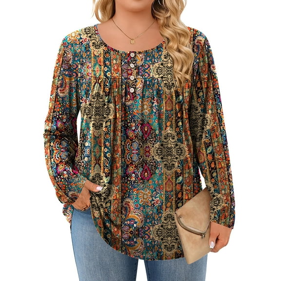 WQD Plus Size Boho Blouse for Women Long Sleeve Casual Loose Fit Tops Vintage Floral Print Tunic Shirt Fall Winter Clothing