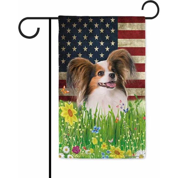 Patriotic US Flag Papillon Garden Flag Dog Wildflowers Floral Spring Summer 4th of July Outside Decor Flag Banner 12.5X18 Inch Double Side Style 2