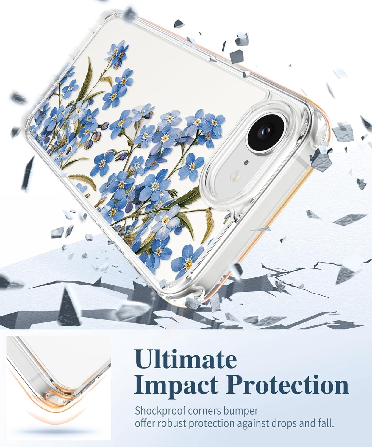 for iPhone 17e Case & iPhone 16e Case, [Non-Yellowing][Military-Grade Protection] Hard PC&TPU Bumper, Floral Shockproof Protective Clear Phone Case (Aconite/Blue)