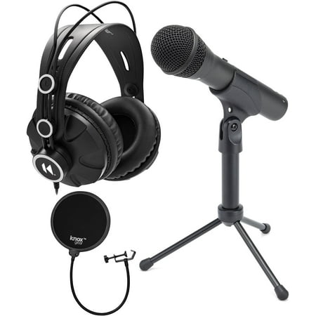 Samson Q2U Black Handheld Dynamic USB Microphone Bundle with Pop Filter and Closed Back Over-Ear Headphones (3 Items)