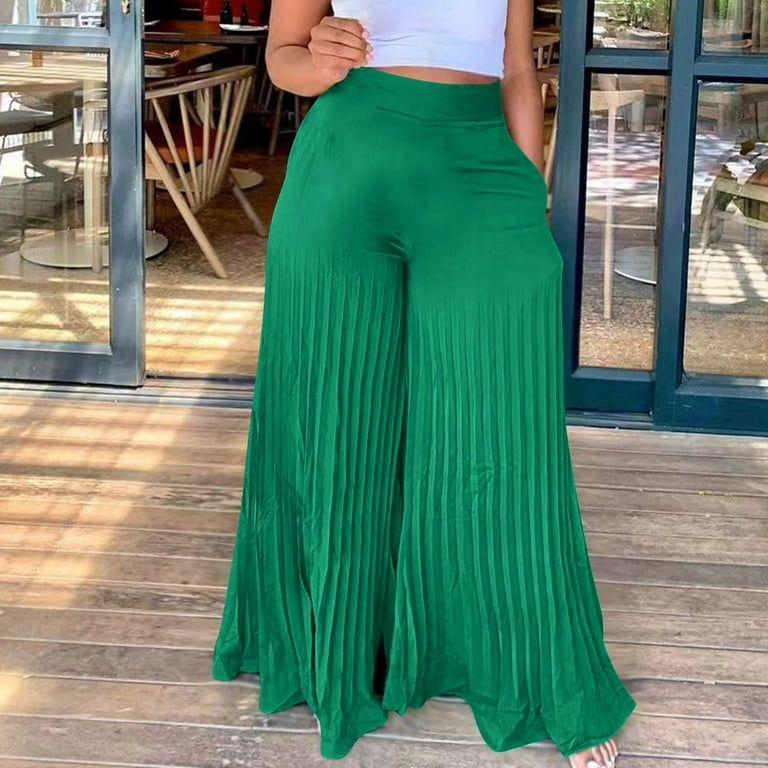 Zodggu Womens Fashion Summer Casual Solid Chiffon Pockets Elastic Waist  Full Length Long Pants Double Layer Crinkle Wide Leg Pants Trousers Flare