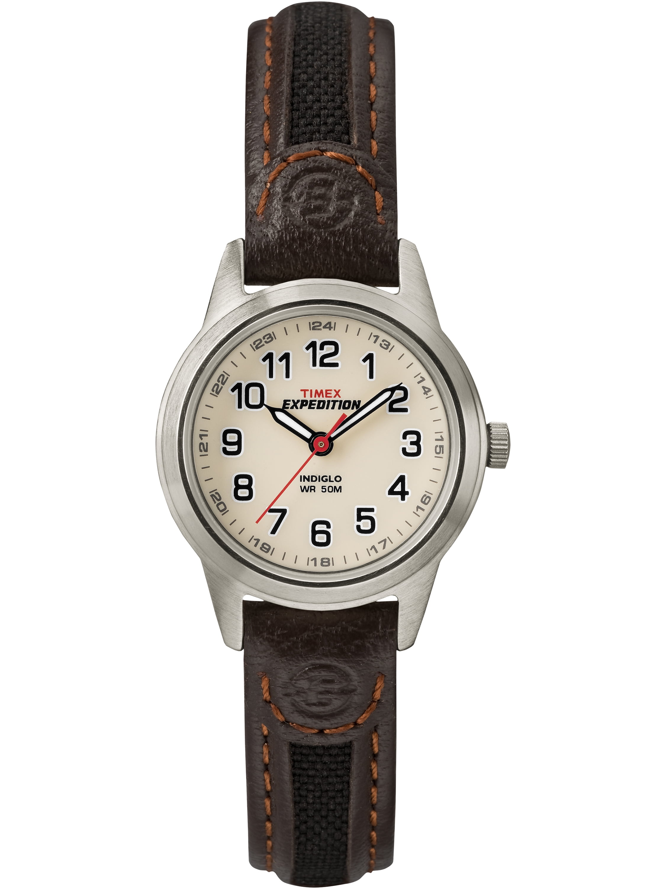 Timex Women's Expedition Metal Field Mini 26mm Watch – Silver-Tone Case  Cream Dial with Black & Brown Fabric & Leather Strap 