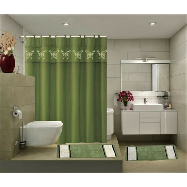 15 Piece Bathroom Set 2 Rugs Mats 1, Purple And Sage Green Shower Curtain