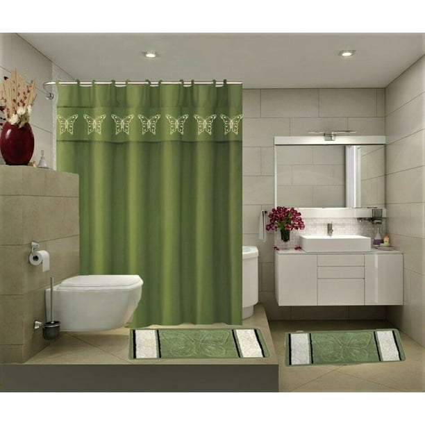 15 Piece Bathroom Set 2 Rugs Mats 1 Fabric Shower Curtain 12 Covered Rings Non Slip Erfly Sage Com 15 Piece Bathroom Set 2 Rugs Mats 1, Purple And Sage Green Shower Curtain