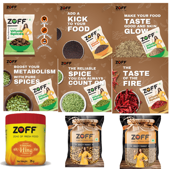 Zoff Essential Indian Whole Spices Combo Kit | Green Cardamom, Carrom seeds, Black Cardamom, Coriander Seeds, Fennel Seeds, Cumin Seeds, Asafetida compound powder, Black Mustard, Stemless whole chili