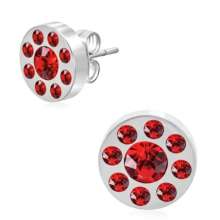 10mm Stainless Steel Burnish Set Round Circle Stud Earrings with Red CZ pair
