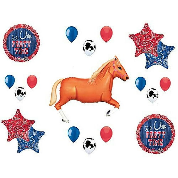 Western Theme Birthday Party Supplies Bandana Hoedown Rodeo Balloon Bouquet Decorations with Tan Horse