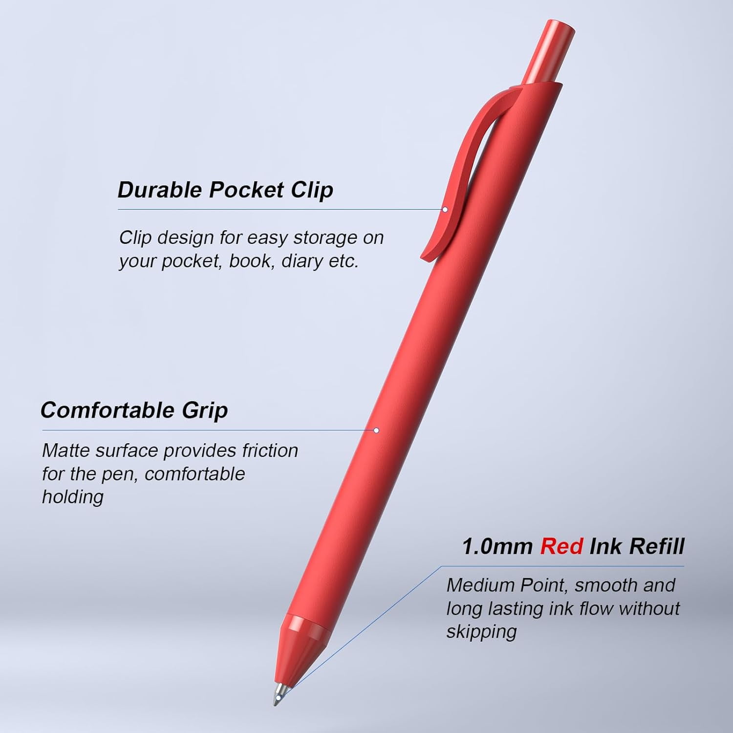 50 Pack Red Ink Pens - Bulk Pens, 1.0MM Medium Point Ballpoint Pens, Smooth Writing No Bleed Retractable Ball Point Pen (Red)