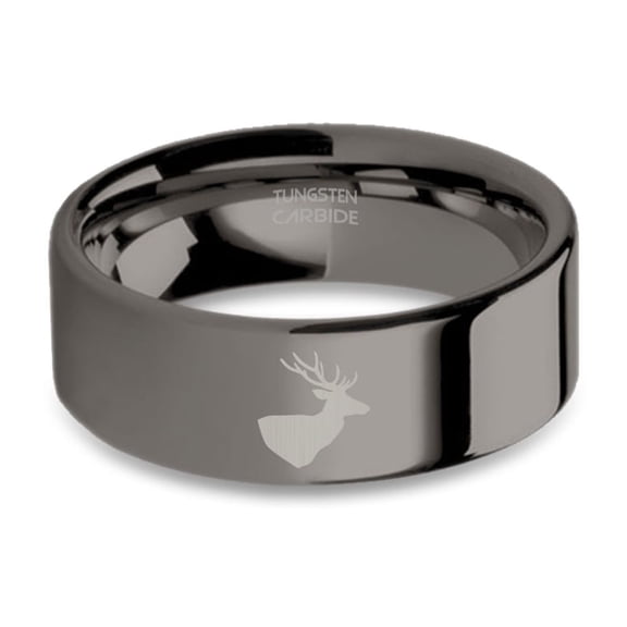 Deer Roebuck Antler Head Engraved Gunmetal Polished Tungsten Ring, 8mm, Size 15
