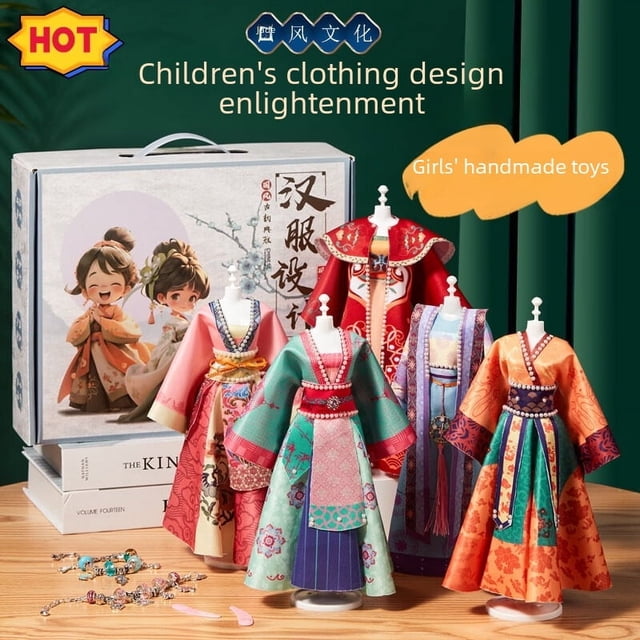 Paquete de material de hanfu de estilo antiguo con diseño de ropa de juguete de bricolaje hecho a mano para niños, muñeca creativa de moda nacional hecha a mano, regalo para mujeres