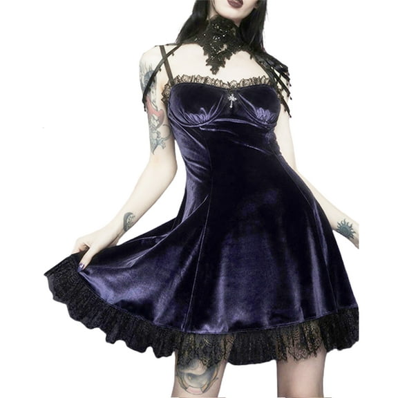 Women Goth Dark Sexy Sweet Black Mini Dresses E-Girl Y2k Dark Aesthetic Velvet Lace Cami Ruffle Vintage Cocktail Dress