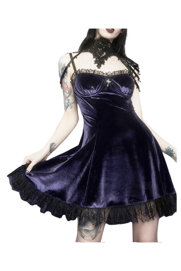 Women Goth Dark Sexy Sweet Black Mini Dresses E-Girl Y2k Dark Aesthetic Velvet Lace Cami Ruffle Vintage Cocktail Dress