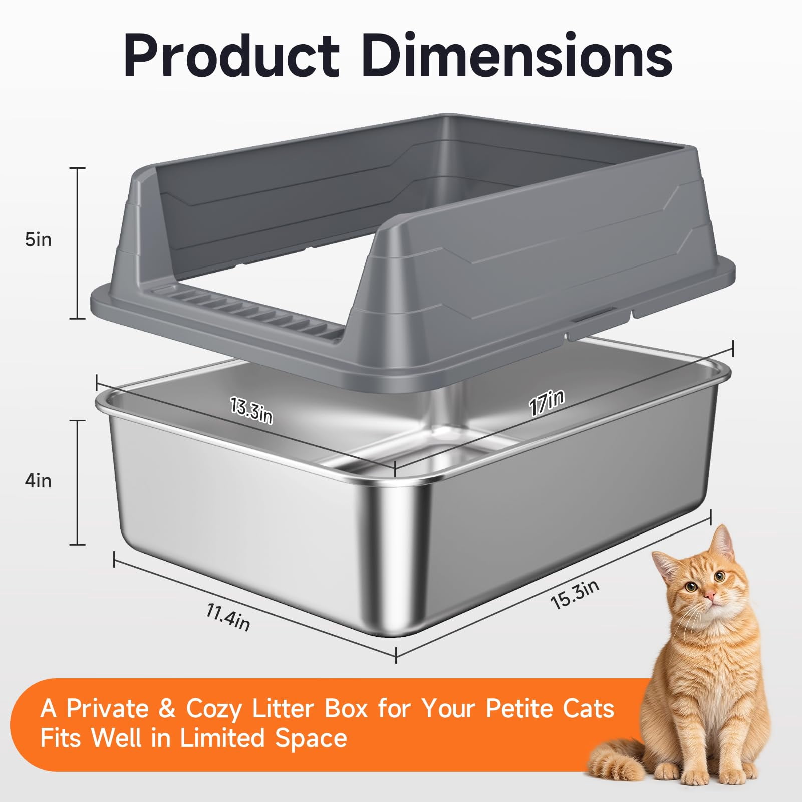 Stainless Steel Cat Litter Box with High Sides and Open Top, Odor Control, Easy Cleaning Scoop Included, Anti-Scratch, Leak Resistant, Non-Stick Pet Litter Pan