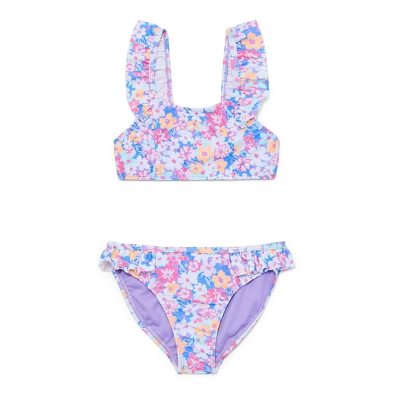 Wonder Nation Girls Ruffle Strap Bikini Top and Scoop Bottoms Swim Set with UPF 50, 2-Piece, Sizes 4-18