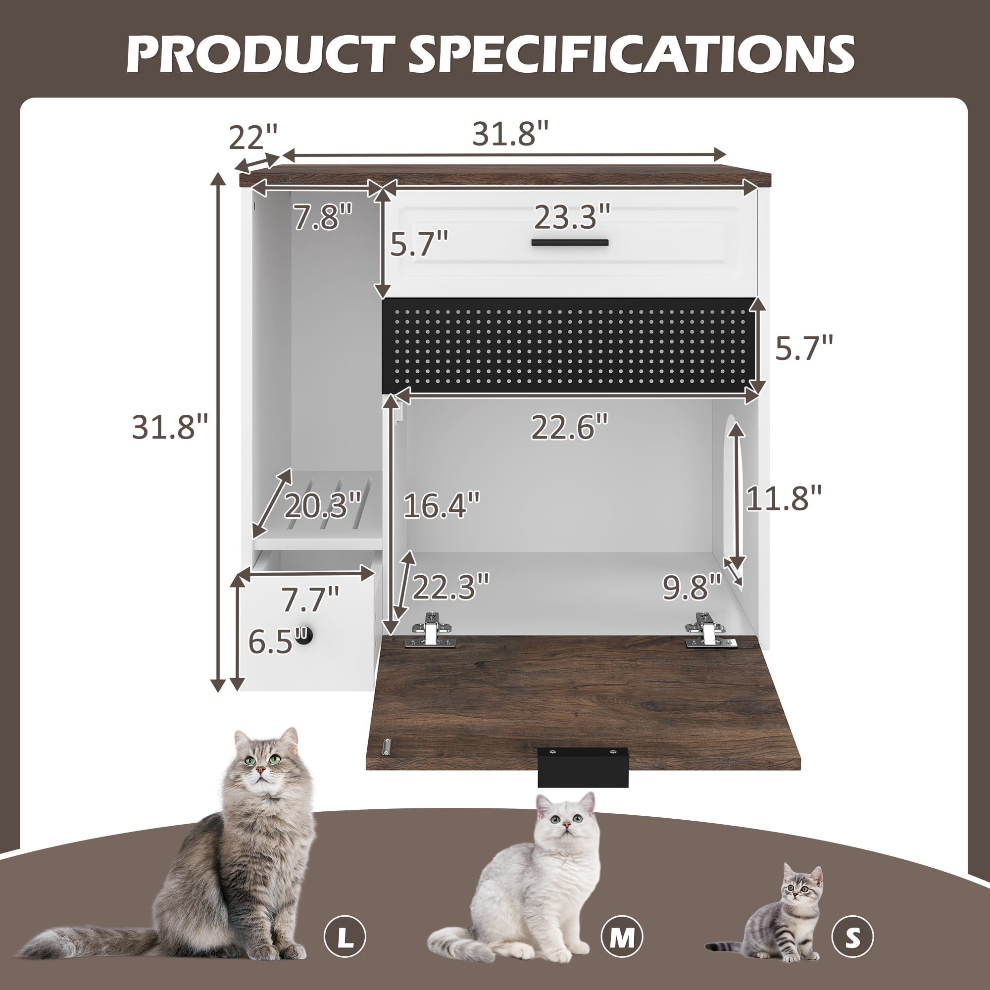 Euroco Multifunctional Cat Litter Box Enclosure Furniture with Storage Drawers, Drop-Down Door & Grooved Grille – Hidden Litter Cabinet for Cats, Side Table Style