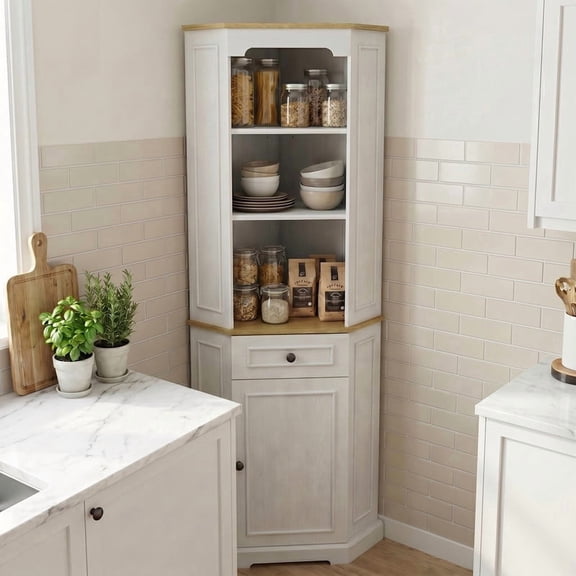 iooHug 68" Tall Corner Storage Cabinet, Freestanding Farmhouse Cabinet with Door Drawer & Adjustable Shelf for Kitchen Bathroom