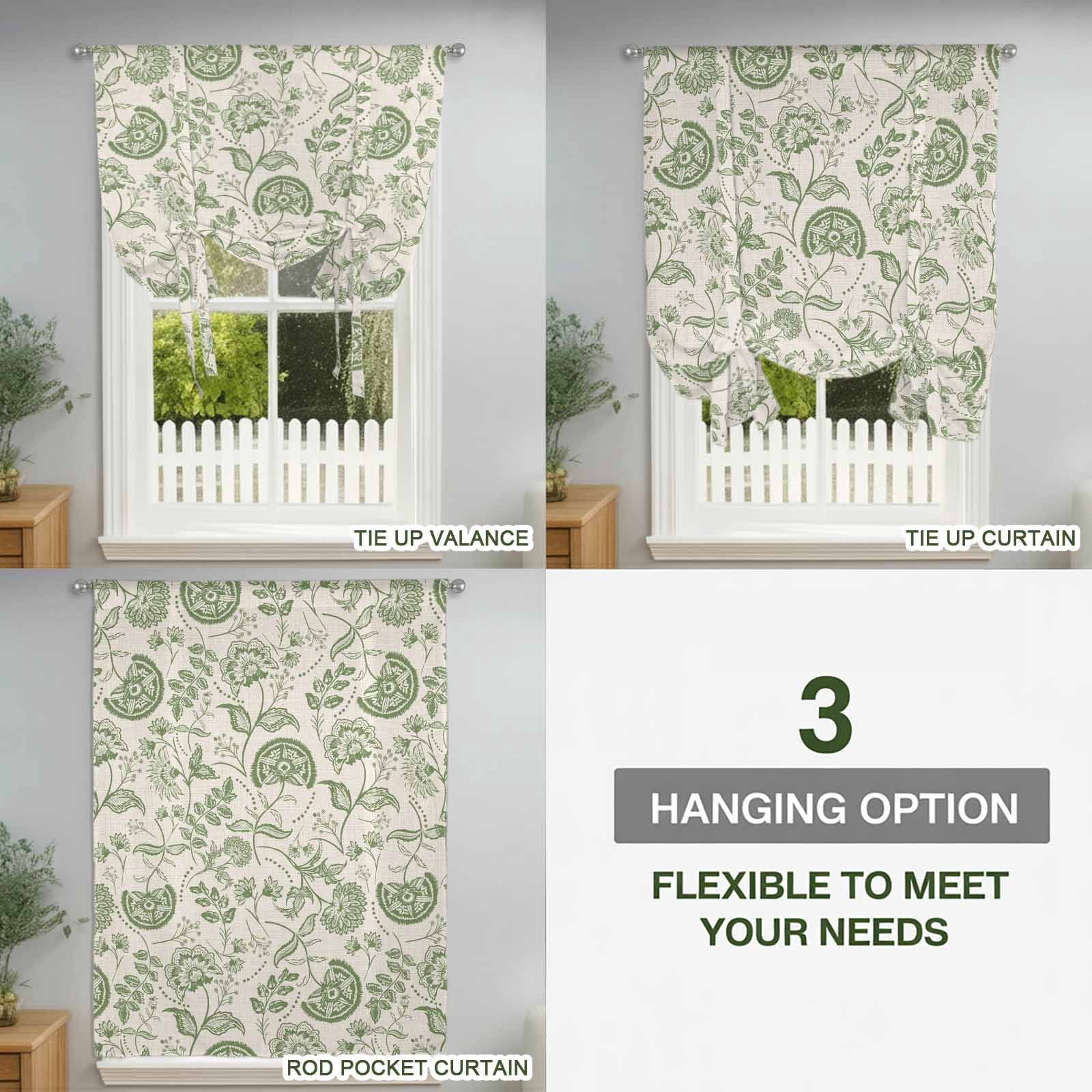 Farmhouse Sage Green Floral Tie Up Curtains, Linen Boho Flower Rustic Country Adjustable Rod Pocket Balloon Curtains Light Blocking Window Treatment for Kitchen Living Room Bedroom, 34 × 45 In