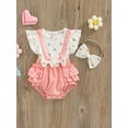 thumbnail image 2 of Spewahor Infant Girls Layette, Peach Heart Pattern Fake Two Pieces Romper and Bow Knot Headdress, 2 of 9