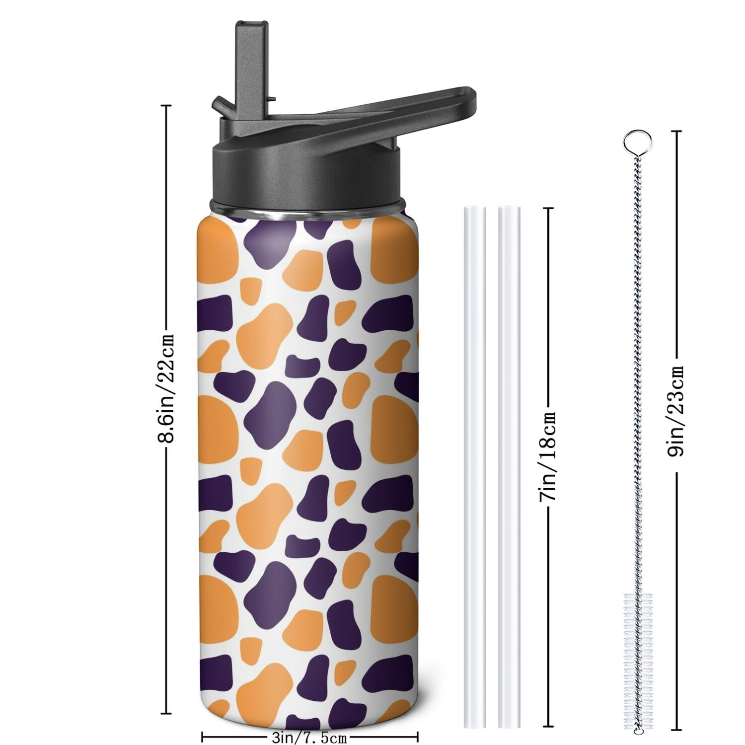 Leopard Print Insulated Stainless Steel Water Bottle with Straw & Cleaning Brush – 18 Oz | Leakproof, BPA-Free, 304 Stainless Steel, Wide Mouth, Travel Mug for Car, Gym, Office