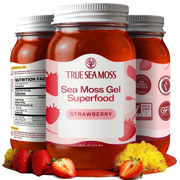 TrueSeaMoss Wildcrafted Irish Sea Moss Gel – Strawberry, 1 Pack, Natural Seamoss – 16 fl oz Flavored Seaweed Snack