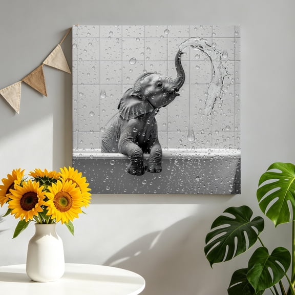 Elephant Bathtub Canvas Wall Art, Bathroom Water Drops Gray Abstract Pictures Wall Decor Wooden Framed Artwork Art Prints for Living Room Hallway Bedroom Office 10"x10"