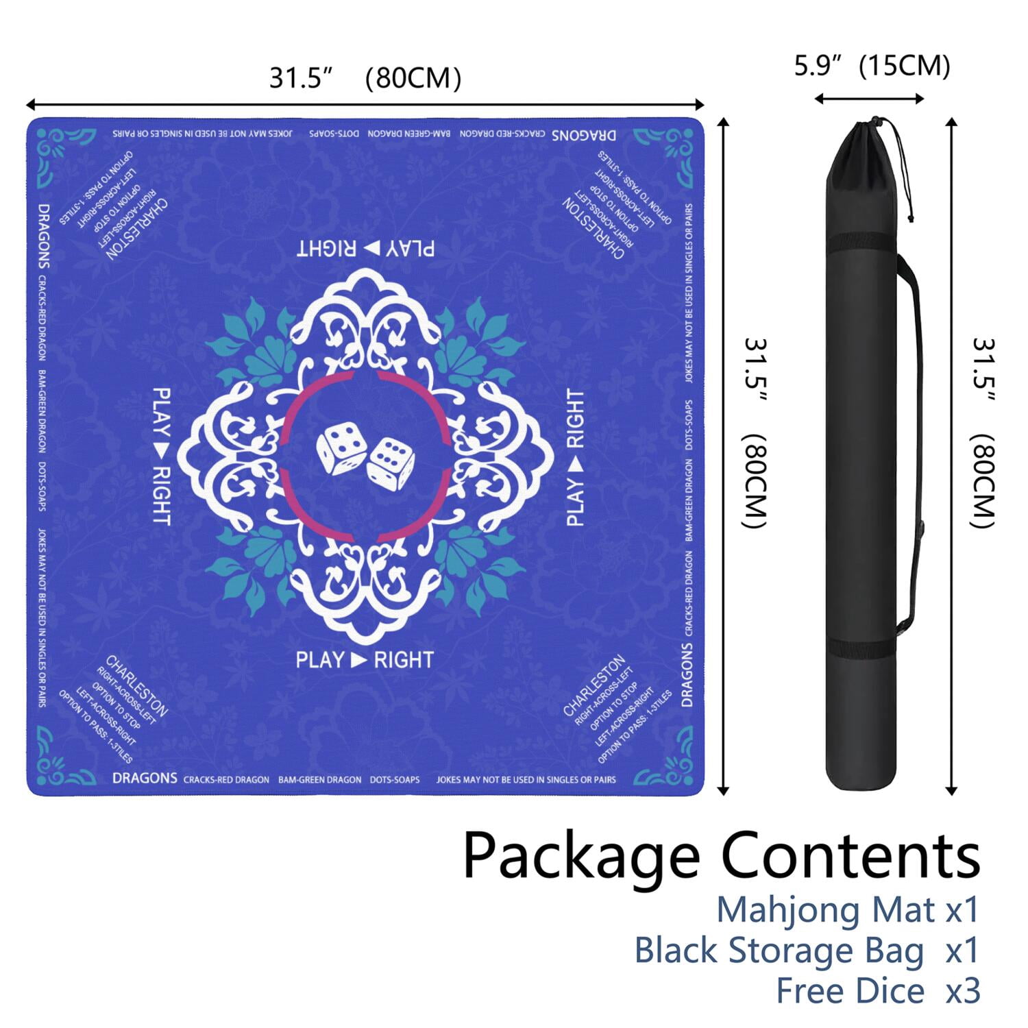 Blue Mahjong Mat with Rules, 31.5*31.5in Anti Slip American Mahjong Mat for Table, Noise Reduction, Neoprene Mah jongg Mats with Carrying Bag & 3 Dices, Mahjong Supplies Gift, Board Tile Games Mats