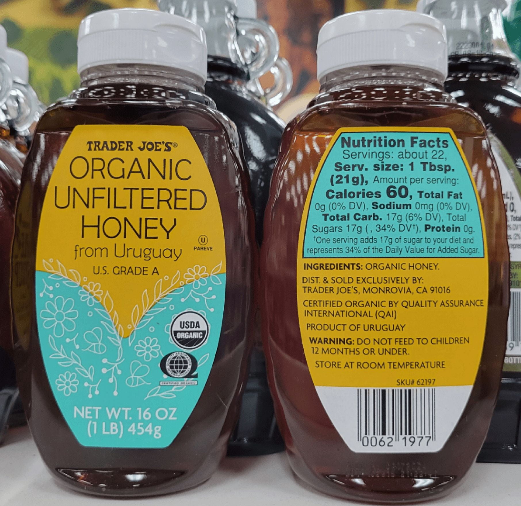 Trader Joe's Organic Unfiltered Grade A Honey 16oz 454g (2 Bottles)