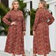thumbnail image 2 of Women's Plus Size Dress Elegant Floral Print Dress Long Sleeves Dress A-line Dress Elastic Waist Vacation Dress for Fall brown 4X, 2 of 4