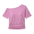thumbnail image 4 of TaTaai Women's Solid Color Asymmetrical Shoulder Ruched Short Sleeve Sweatshirt Casual Loose Fashion Tops Gift, 4 of 6