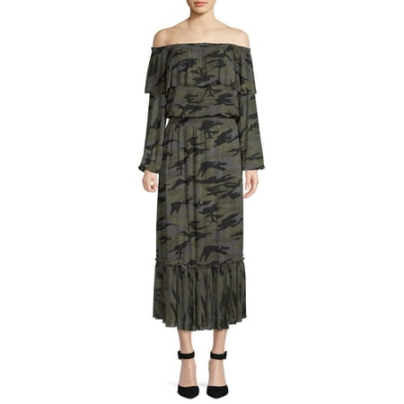 Scoop Printed Mesh Off the Shoulder Maxi Dress Camo Print (Best Way To Come Off Meth)