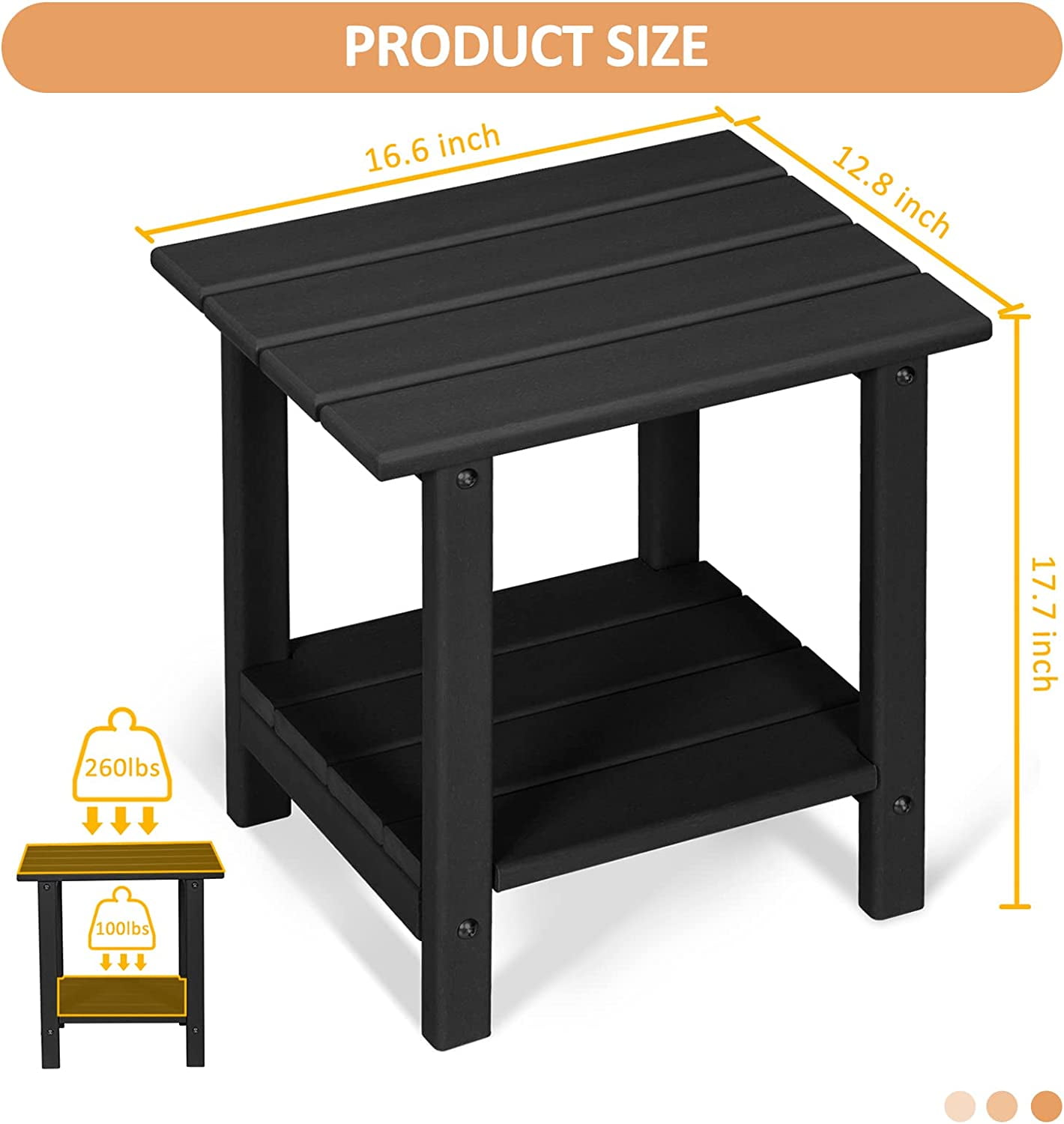Nalone 2-Layer Outdoor Side Table, HDPE Weather-Resistant Adirondack for Living Room Bedroom, Outdoor Side Table, Patio End Table Outside-Black