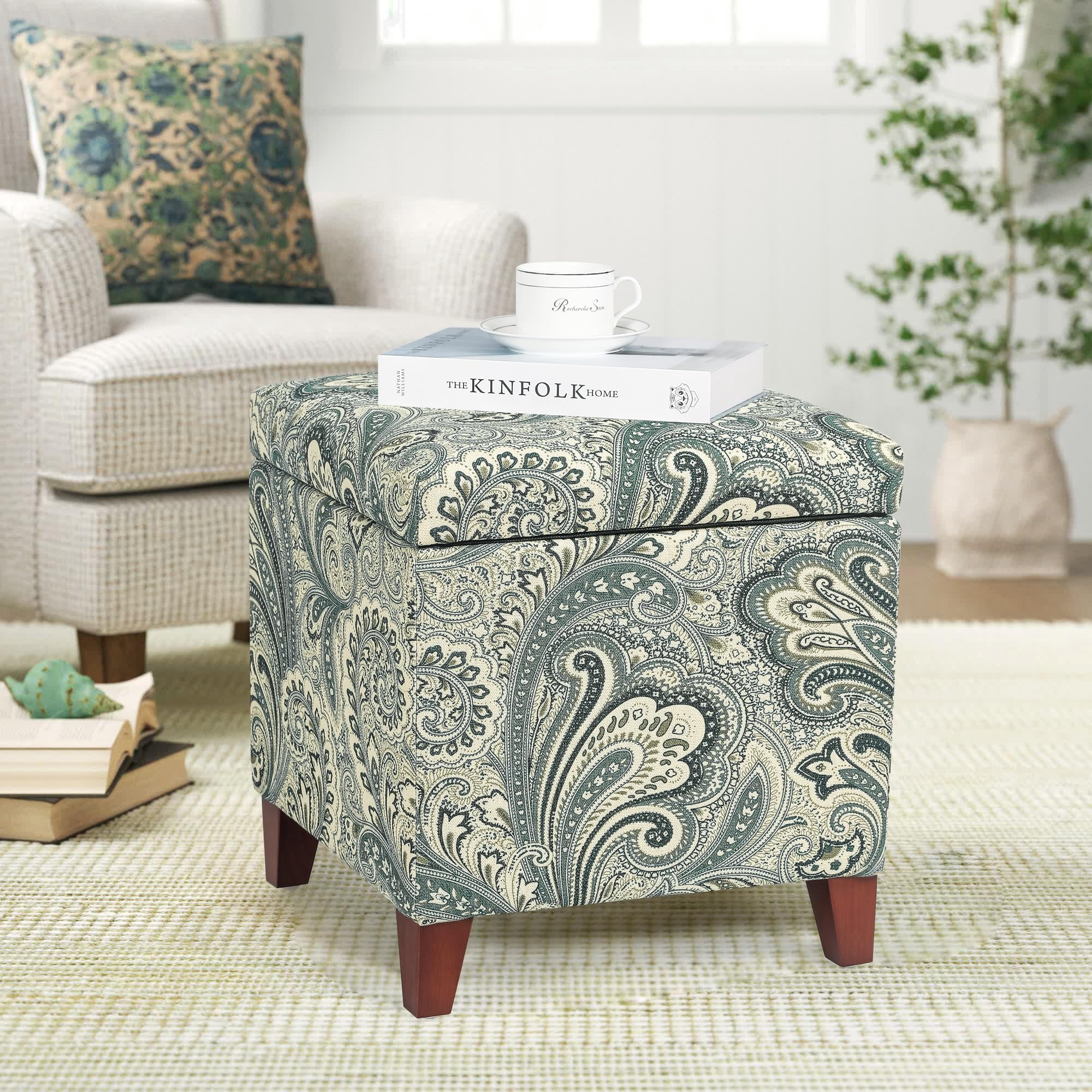 Blue Paisley Upholstered Cube Ottoman with Storage 18