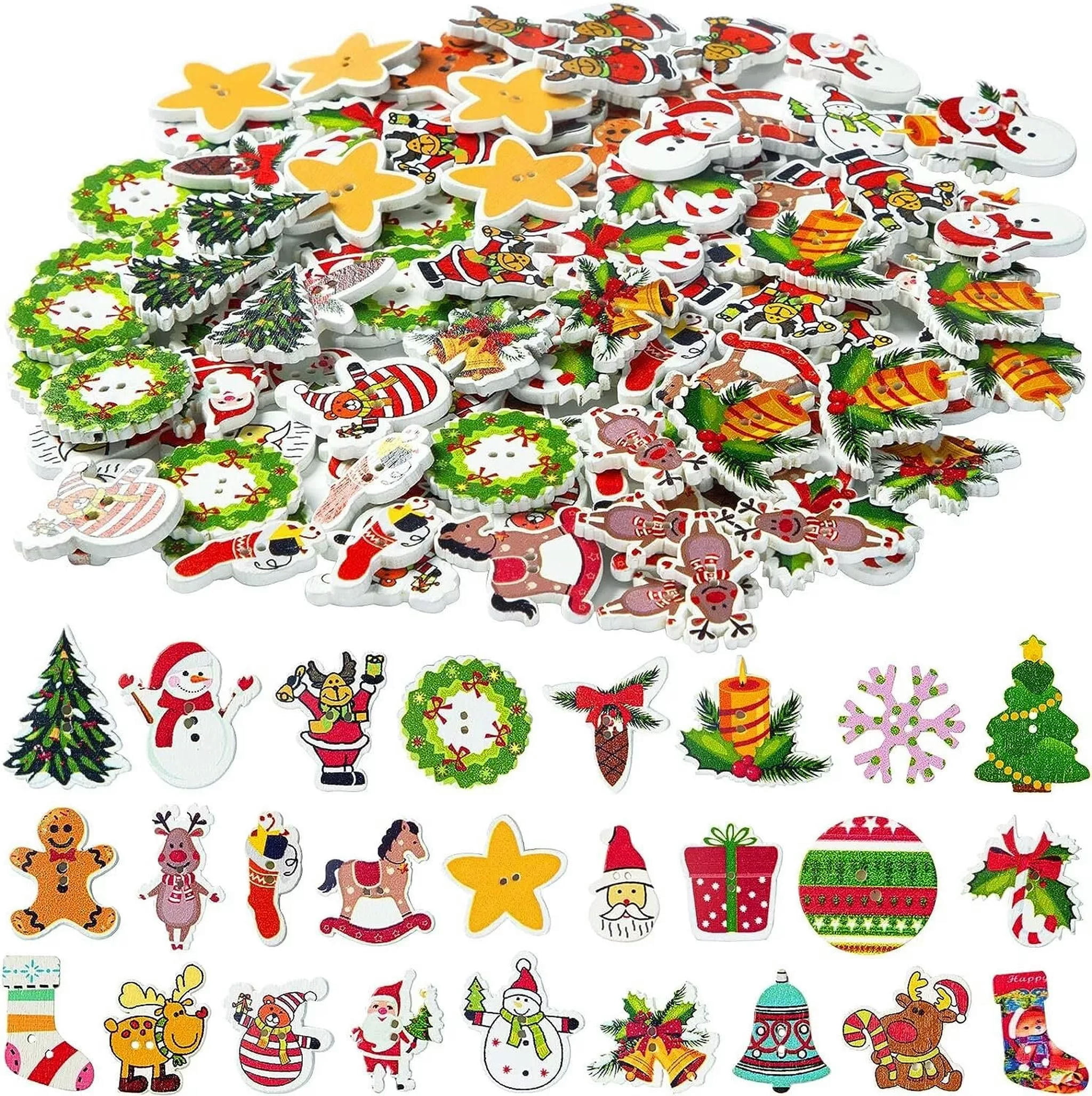 U8MO Christmas Buttons Set Wood 2 Hole Jewelry Making Craft Supplies Bulk 200pcs