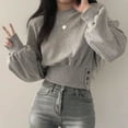 thumbnail image 2 of Htigea Women's Long Sleeve Crop Sweatshirts Side Button Slimming Top Y2k Shirt Solid Crewneck Pullover Sweatshirt Gray M, 2 of 4