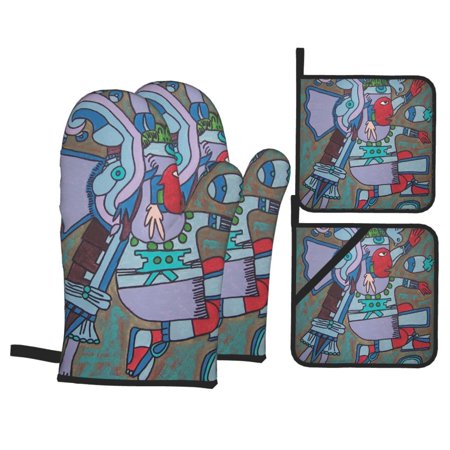 Xiuhtecuhtli Aztec Water God Oven Mitts And Pot Holders Sets Baking Sets For Kitchen Bbq Gloves Heat Resistant Cooking Mythology Figure 4 Pcs
