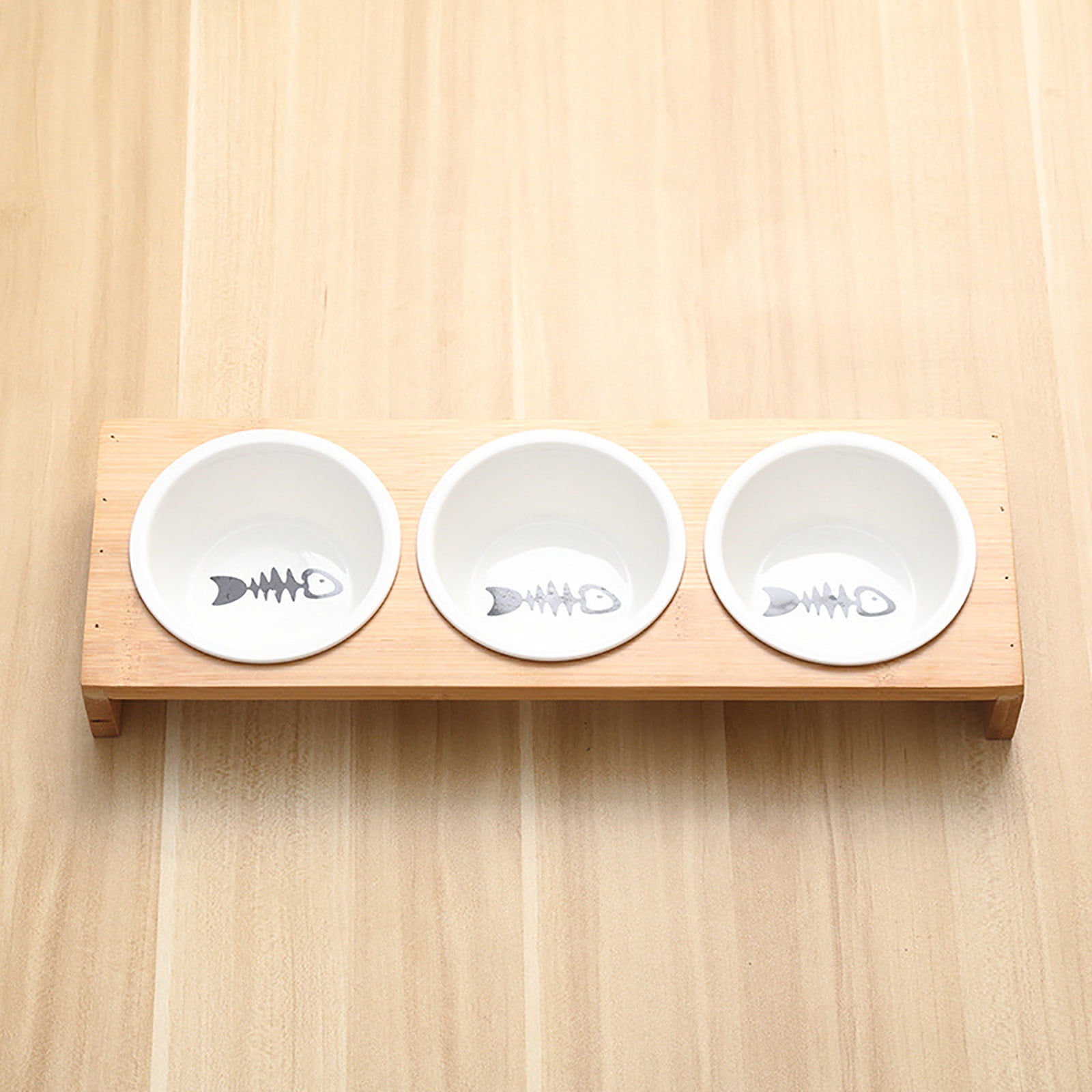 Stylish 3-Bowl Ceramic Cat Feeder with Bamboo Stand, Fishbone Design Elevated Pet Food & Water Station