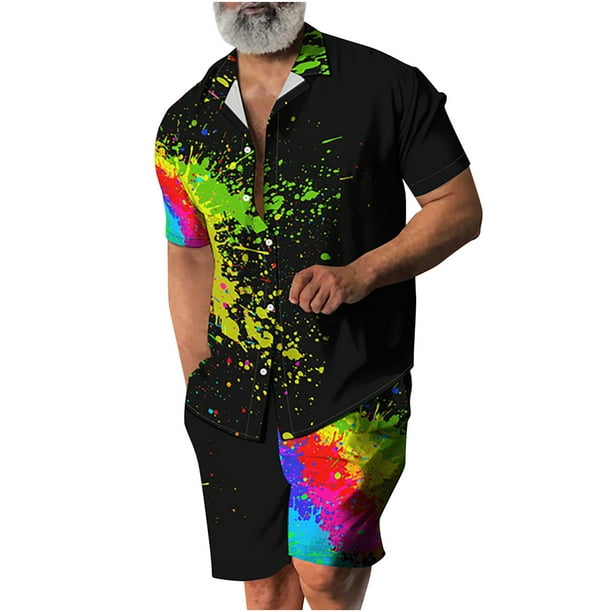 Conjunto casual de blusa y pantalones de playa de manga corta con estampado de botones para hombre Pompotops oipoqjl36274