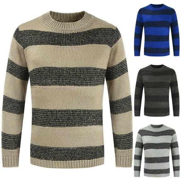 IROINNID Men's Sweater Round Neck Long Sleeve Jumper Mid-Length Stripes Casual Pullover Autumn And Winter Color Matching Personality Trend Sweater