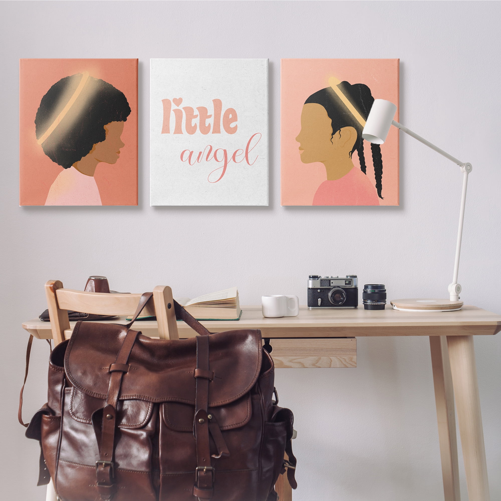 Stupell Industries Little Angels Phrase Girl with Halos Over Pink Abstract Painting Gallery Wrapped Canvas Art Print Wall Art, 24 x 30, Set of 3