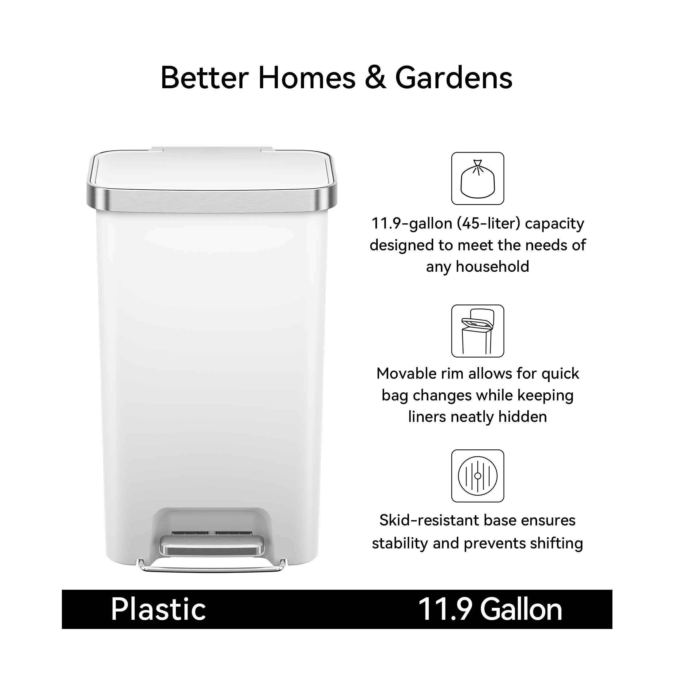 Better Homes & Gardens Kitchen Trash Can, 11.9 Gallon Plastic Step Garbage Bin with Soft Close Lid, White