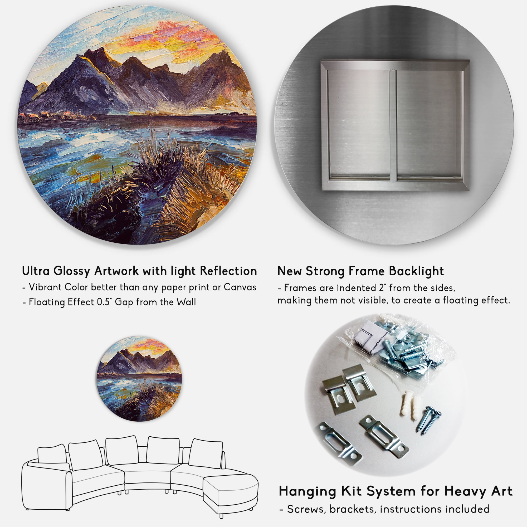 Designart 'Impression Pink Sunset Over The Mountains By The Sea' Nautical & Coastal Circle Metal Wall Art 36x36 - Disc of 36