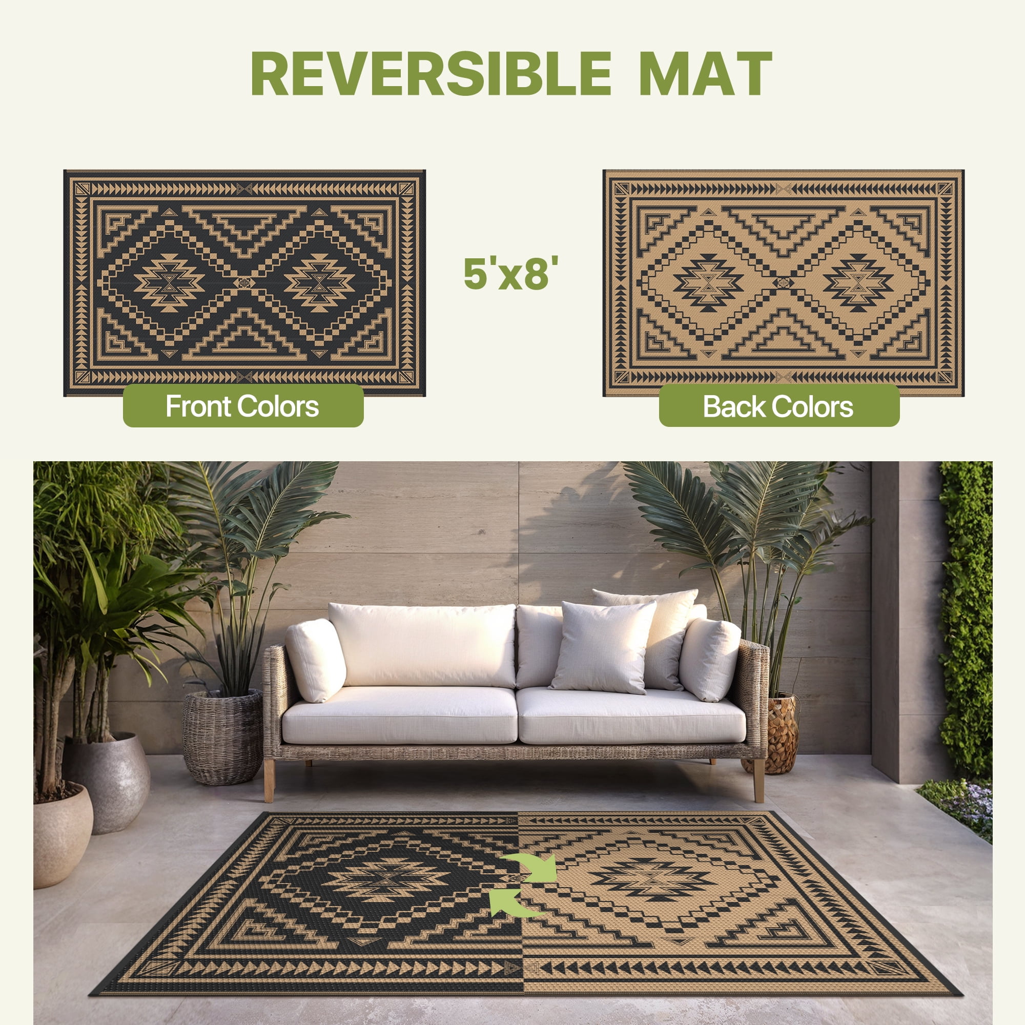 KUETH 5' x 8' Outdoor Rug Waterproof for Patio Carpet Plastic Reversible Straw Outdoor Rug for Camping Picnic Geometric Mat ,Black & Brown