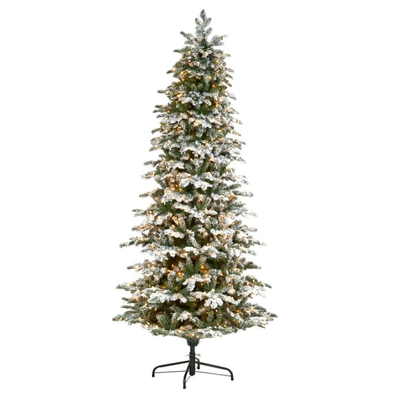 Nearly Natural Flocked North Carolina Fir Artificial Christmas Tree with Warm White Lights And Bendable Branches-Size:96"