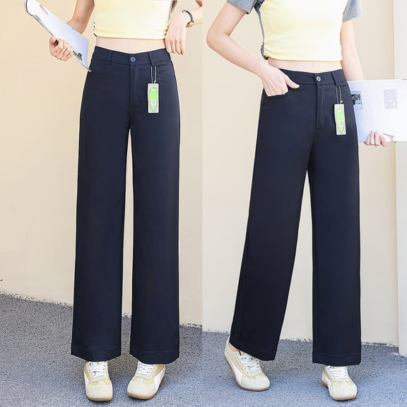 Women's High-Waisted Straight Leg Pants in Dark Blue, Loose Fit, Casual Wide Leg Trousers for Spring and Summer