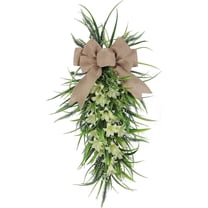 laqbezok 24" Light Green Lilies Swag for Front Door, Spring Summer Floral Teardrop Wreath, Artificial Lilies Bow Welcome Wreath for Home Porch Farmhouse Indoor Ourdoor Home Decor